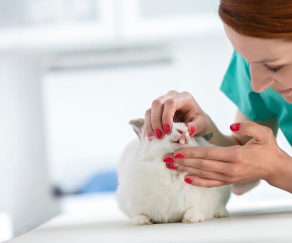 A veterinarian examining rabbit's teeth